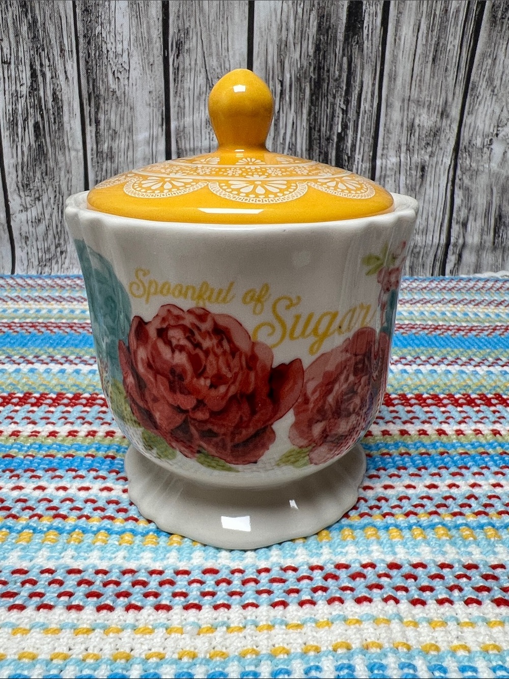 The Pioneer Woman Blossom Jubilee ceramic sugar bowl with yellow lid